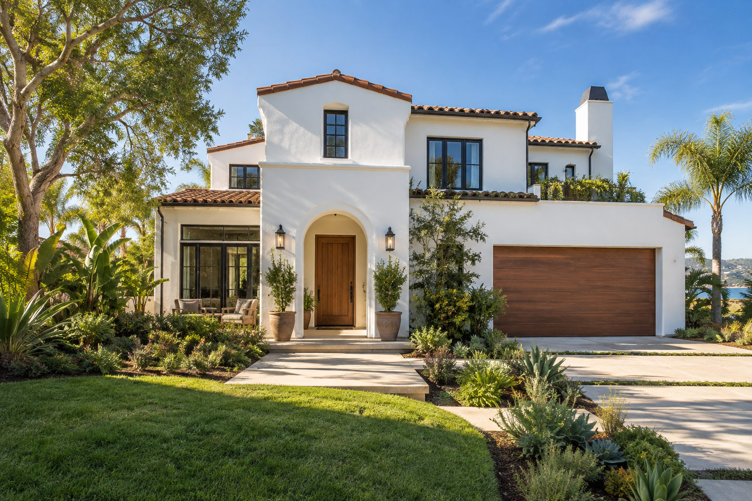 Welcoming Southern California style home with white stucco, a wood entry and landscaped garden