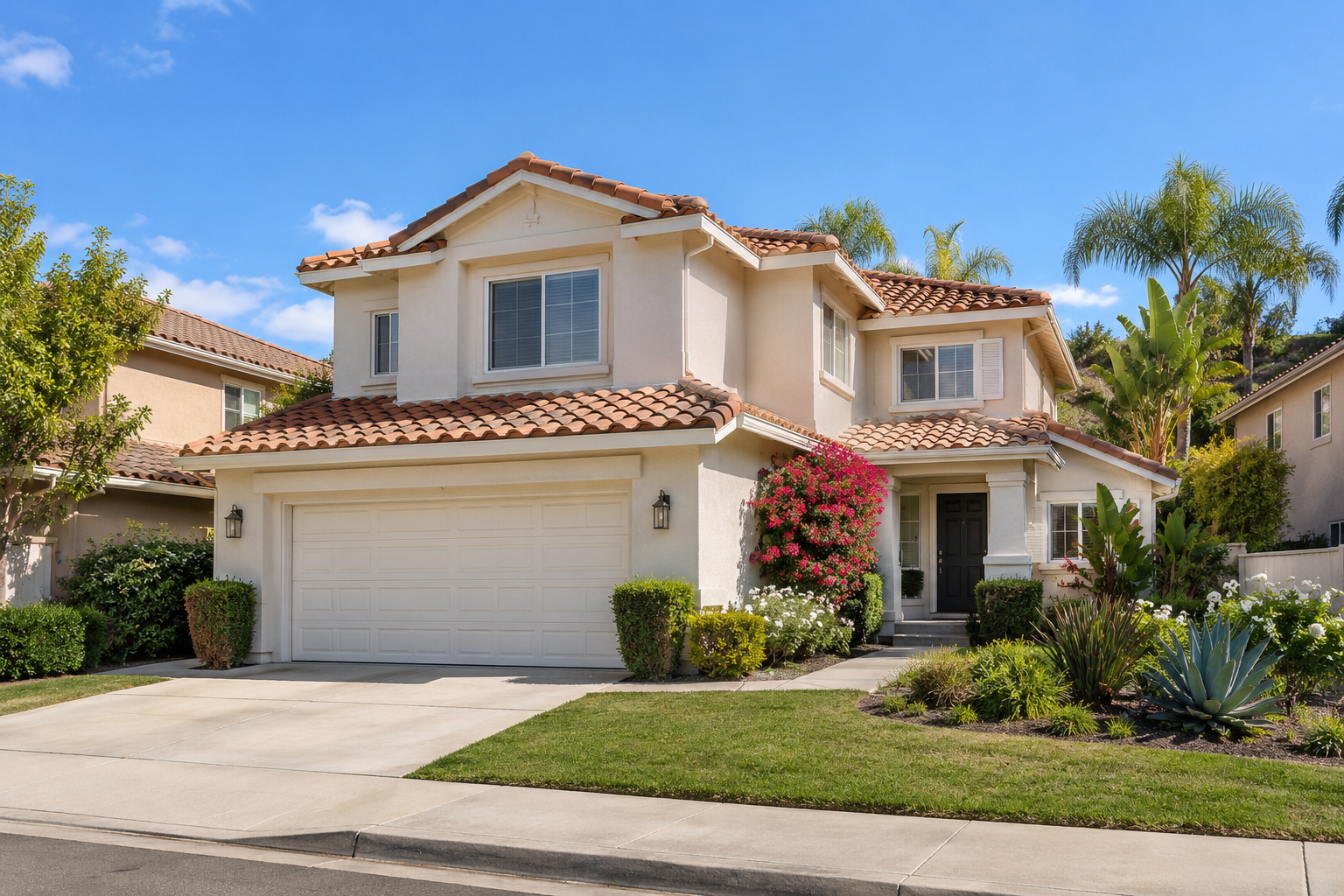Illustration of a welcoming two-story stucco home with a tile roof and landscaped front yard