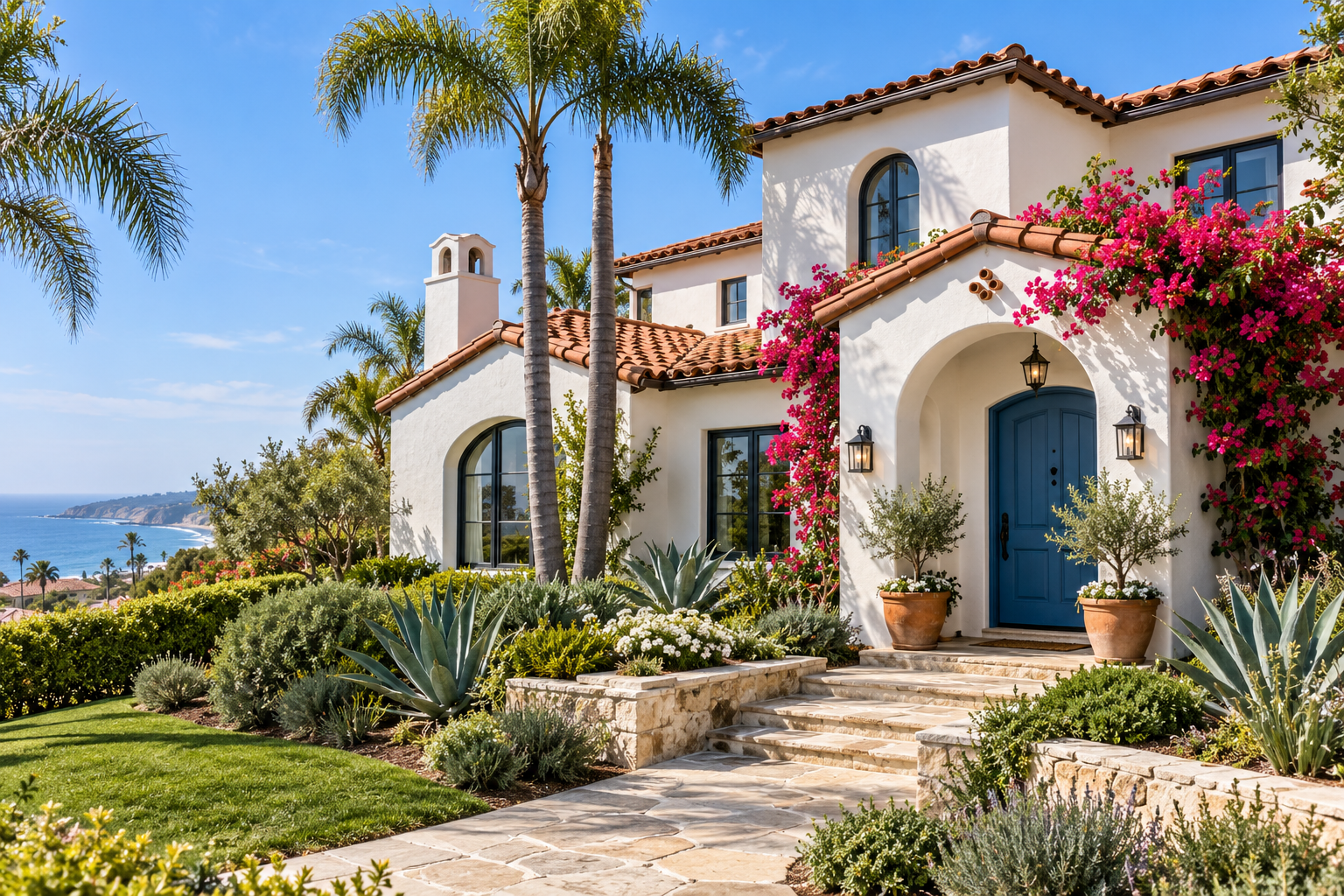 Illustrative Southern California Mediterranean home with a terracotta tile roof, blue front door and flowering garden